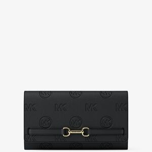 Michael Kors Black Embossed MK Leather Clutch with Gold Hardware